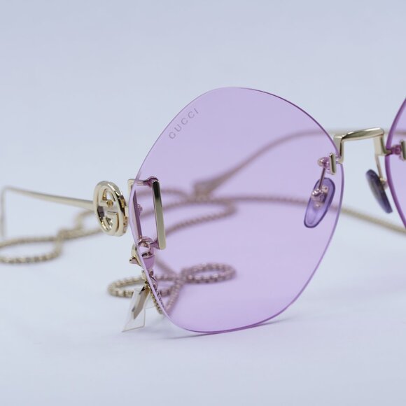 Gucci GG1203S 001 Sunglasses Gold With Detachable Gold Chain Round Frame - Picture 6 of 13